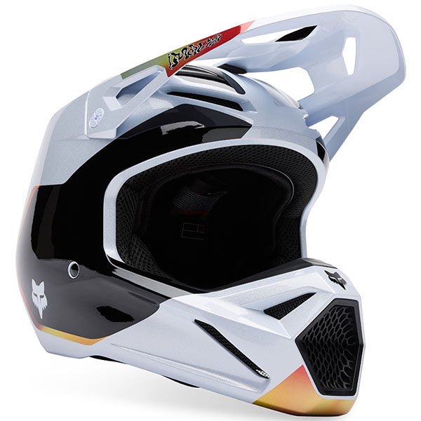 Rear angle of Fox Racing SKU 33530-008XL V1 Hello Future Helmet in White and Yellow (SKU: 33530-008), highlighting exhaust vents and shell contour, sizes XS, SM, MD, LG, XL, size XS, sizes XS to XL.