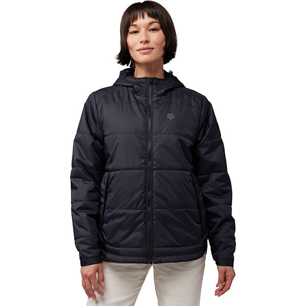 Angled front view of Fox Racing Women's Ridgeway Jacket in Black (SKU: 33118-001), highlighting zippered pockets and seam detail