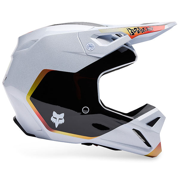 Side view of Fox Racing SKU 33530-008L V1 Hello Future Helmet in White and Yellow (SKU: 33530-008), showing graphic layout and vent placement, sizes XS, SM, MD, LG, XL, size XS, sizes XS to XL.