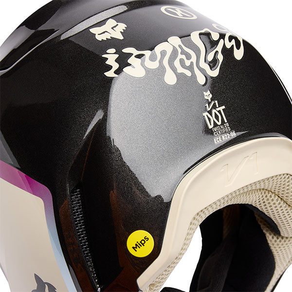 Rider wearing Fox Racing SKU 33530-008XS V1 Hello Future Helmet in Black and Blue (SKU: 33530-001), showing full fit and stance, sizes XS, SM, MD, LG, XL, size XS, sizes XS to XL.