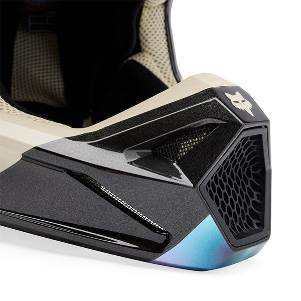 Action pose with Fox Racing SKU 33530-008S V1 Hello Future Helmet in Black and Blue (SKU: 33530-001), showing mobility and airflow, sizes XS, SM, MD, LG, XL, size XS, sizes XS to XL.
