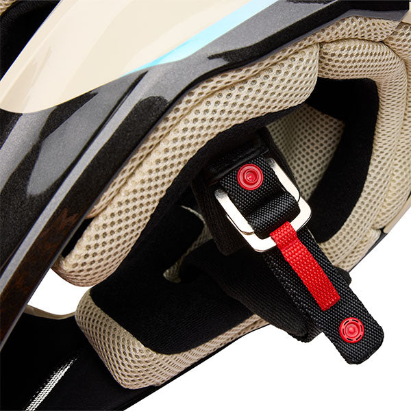 Rear close-up of Fox Racing SKU 33530-008M V1 Hello Future Helmet in Black and Blue (SKU: 33530-001), showing exhaust vent detail, sizes XS, SM, MD, LG, XL, size XS, sizes XS to XL.