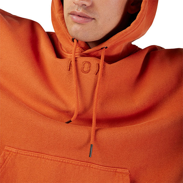 Close-up of Fox embroidery and garment-dyed texture on Wordmark Hoodie in Light Blue, SKU 32865-633