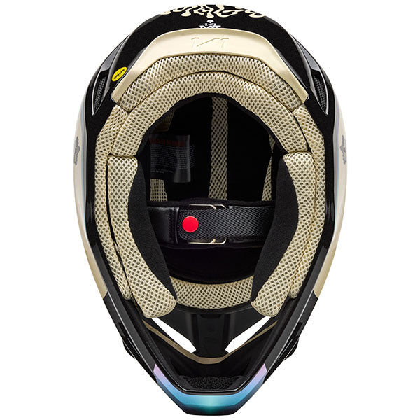 Interior view of Fox Racing SKU 33530-0012X V1 Hello Future Helmet in Black and Blue (SKU: 33530-001), showing MIPS® liner and cheek pads, sizes XS, SM, MD, LG, XL, size XS, sizes XS to XL.