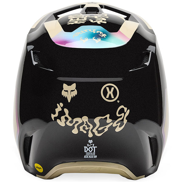 Top-down view of Fox Racing SKU 33530-001L V1 Hello Future Helmet in Black and Blue (SKU: 33530-001), showing intake vents and shell shape, sizes XS, SM, MD, LG, XL, size XS, sizes XS to XL.
