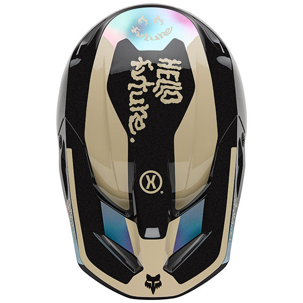 Close-up of visor and shell texture on Fox Racing SKU 33530-001XL V1 Hello Future Helmet in Black and Blue (SKU: 33530-001), sizes XS, SM, MD, LG, XL, size XS, sizes XS to XL.