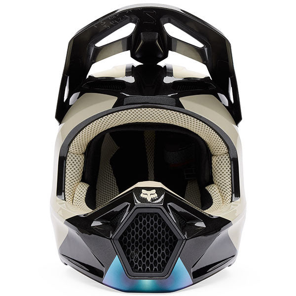 Front view of Fox Racing SKU 33530-001M V1 Hello Future Helmet in Black and Blue (SKU: 33530-001), showing visor and chin bar design, sizes XS, SM, MD, LG, XL, size XS, sizes XS to XL.