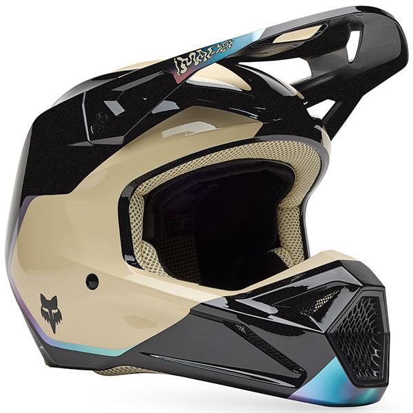 Rear angle of Fox Racing SKU 33530-001S V1 Hello Future Helmet in Black and Blue (SKU: 33530-001), highlighting exhaust vents and shell contour, sizes XS, SM, MD, LG, XL, size XS, sizes XS to XL.