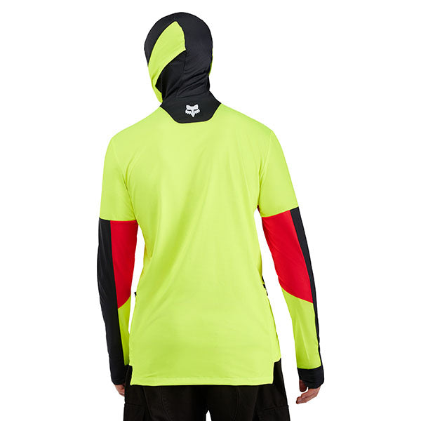 Detail of integrated buff and collar on Flo Yellow Ranger Drive Jersey (SKU: 33538-130)
