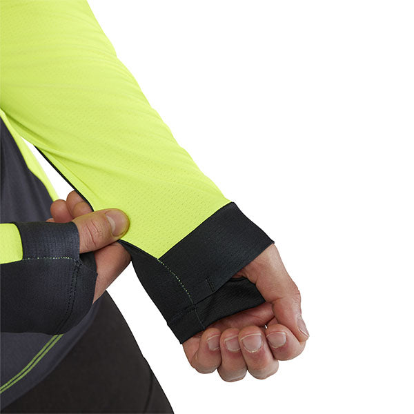 Detail of thumbhole cuff and sleeve stitching on Flo Yellow Ranger Drive Jersey (SKU: 33538-130)