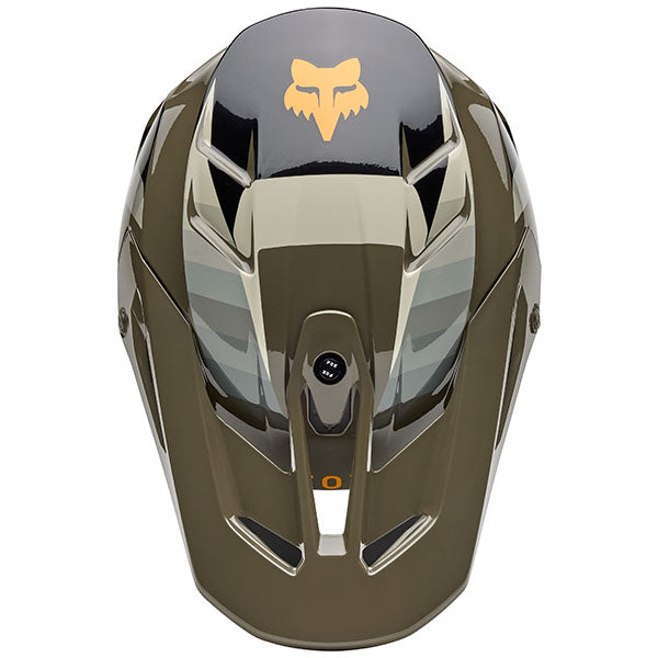Detail of visor hardware and shell finish on Fox Racing SKU 33529-539XL V3 Fade Helmet in Brown and Black (SKU: 33529-539), sizes XS, SM, MD, LG, XL, size XS, sizes XS to XL.