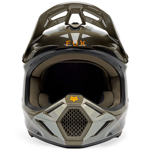 Rear view of Fox Racing SKU 33529-539M V3 Fade Helmet in Brown and Black (SKU: 33529-539), highlighting venting system and shell contours, sizes XS, SM, MD, LG, XL, size XS, sizes XS to XL.