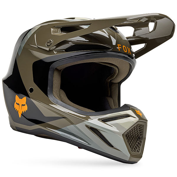 Side view of Fox Racing SKU 33529-539S V3 Fade Helmet in Brown and Black (SKU: 33529-539), showing aerodynamic shell and hydration port, sizes XS, SM, MD, LG, XL, size XS, sizes XS to XL.
