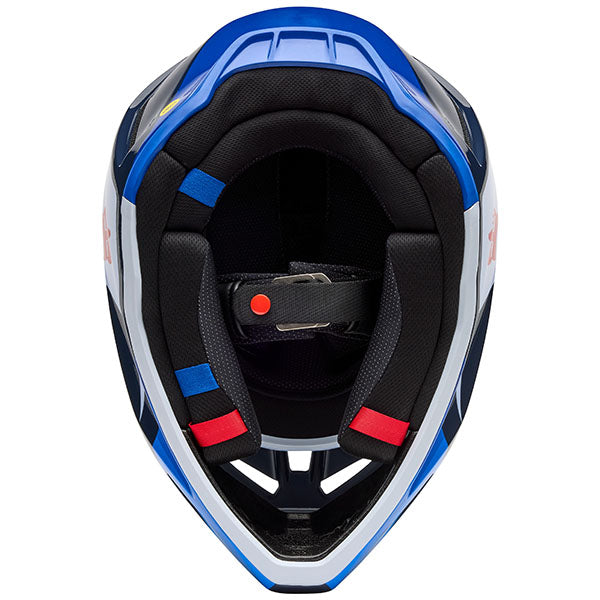 Detail of chin bar and titanium D-ring fastener on Fox Racing SKU 33529-0592X V3 Fade Helmet in White and Blue (SKU: 33529-059), sizes XS, SM, MD, LG, XL, size XS, sizes XS to XL.