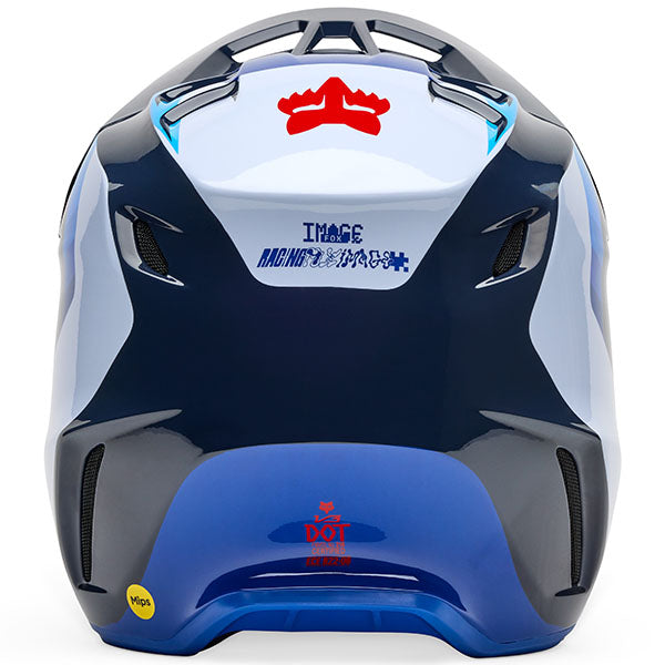 Interior view of Fox Racing SKU 33529-059XL V3 Fade Helmet in White and Blue (SKU: 33529-059), showing Ionic+® moisture-wicking liner and cheek pads, sizes XS, SM, MD, LG, XL, size XS, sizes XS to XL.