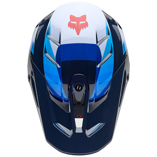 Close-up of visor and shell texture on Fox Racing SKU 33529-059L V3 Fade Helmet in White and Blue (SKU: 33529-059), sizes XS, SM, MD, LG, XL, size XS, sizes XS to XL.