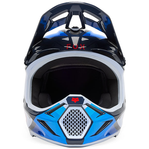 Rear view of Fox Racing SKU 33529-059M V3 Fade Helmet in White and Blue (SKU: 33529-059), highlighting induction vents and spoiler design, sizes XS, SM, MD, LG, XL, size XS, sizes XS to XL.