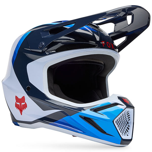 Side view of Fox Racing SKU 33529-059S V3 Fade Helmet in White and Blue (SKU: 33529-059), showing hydration routing system and aerodynamic profile, sizes XS, SM, MD, LG, XL, size XS, sizes XS to XL.