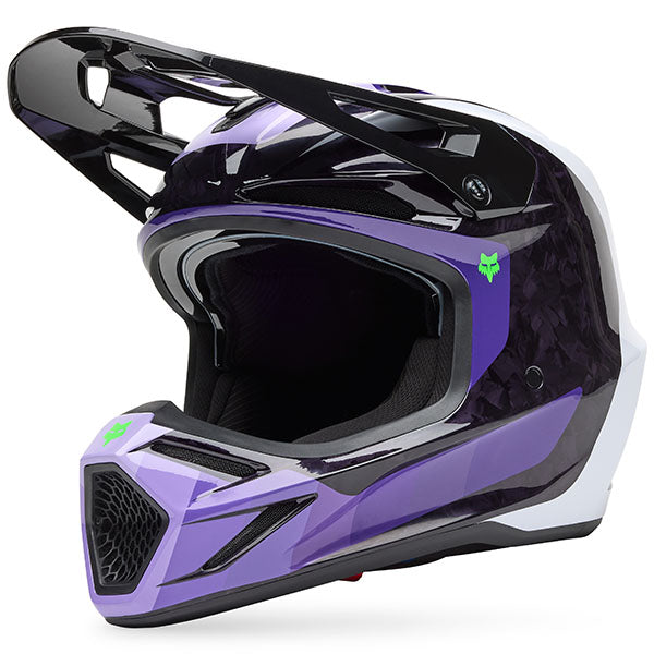 Rear view of Fox Racing SKU 33528-166M V3 RS Grid Helmet in Black and Purple (SKU: 33528-166), showing spoiler and induction vents, sizes XS, SM, MD, LG, XL, size XS, sizes XS to XL.