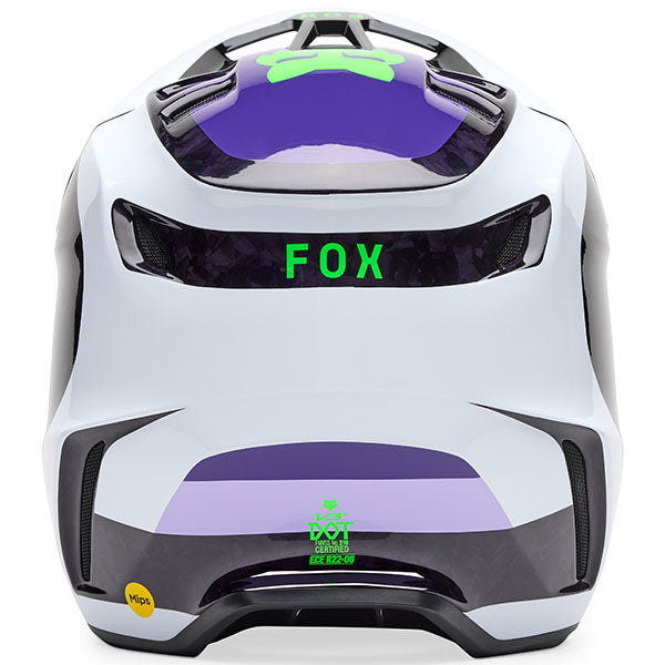 Interior view of Fox Racing SKU 33528-166L V3 RS Grid Helmet in Black and Purple (SKU: 33528-166), featuring removable cheek pads and speaker recess, sizes XS, SM, MD, LG, XL, size XS, sizes XS to XL.