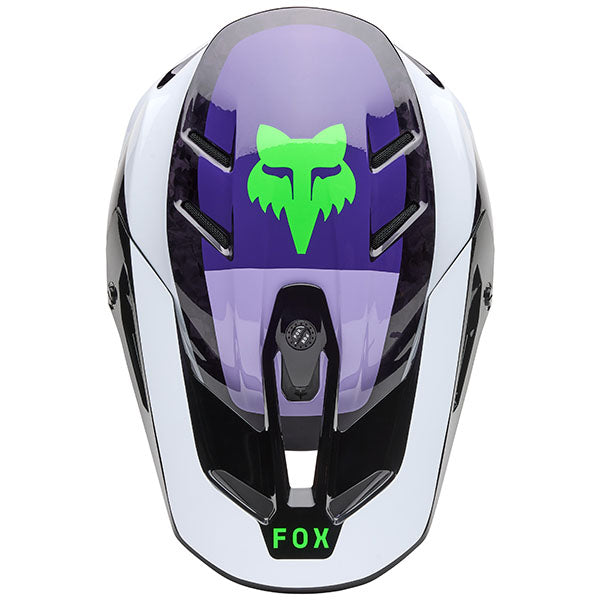 Detail of chin bar and titanium D-ring fastener on Fox Racing SKU 33528-166XL V3 RS Grid Helmet in Black and Purple (SKU: 33528-166), sizes XS, SM, MD, LG, XL, size XS, sizes XS to XL.