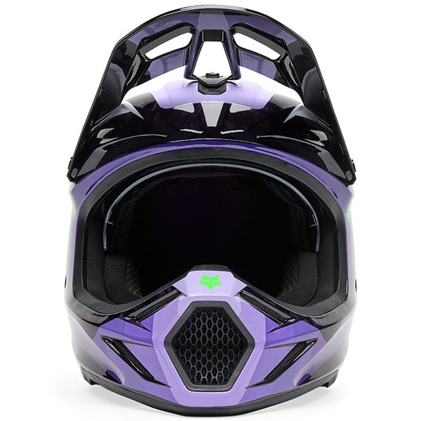 Right side profile of Fox Racing SKU 33528-166S V3 RS Grid Helmet in Black and Purple (SKU: 33528-166), highlighting hydration port and venting, sizes XS, SM, MD, LG, XL, size XS, sizes XS to XL.
