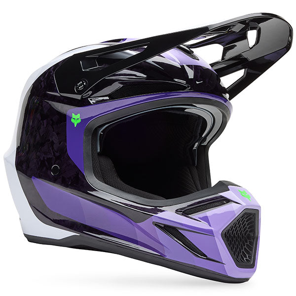 Left side profile of Fox Racing SKU 33528-166XS V3 RS Grid Helmet in Black and Purple (SKU: 33528-166), showing aerodynamic shell and visor hardware, sizes XS, SM, MD, LG, XL, size XS, sizes XS to XL.