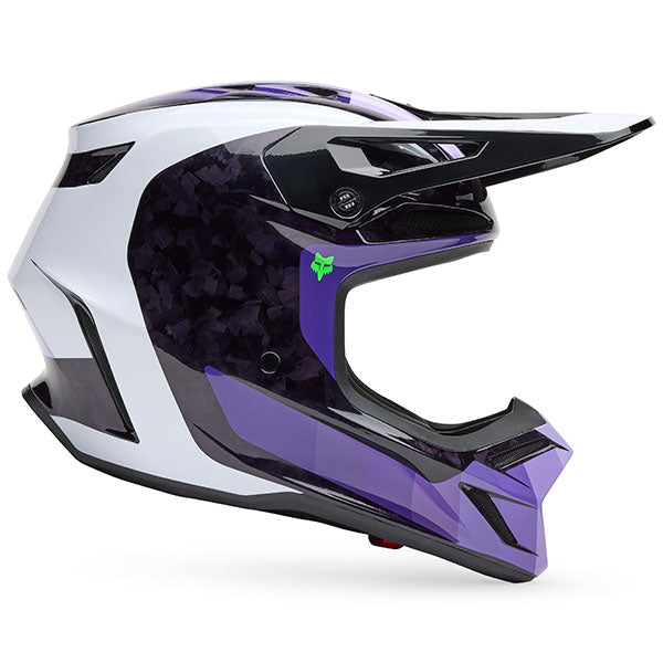 Front view of Fox Racing SKU 33528-0162X V3 RS Grid Helmet in Black and Purple (SKU: 33528-166), featuring carbon shell and Mips® Integra Split protection, sizes XS, SM, MD, LG, XL, size XS, sizes XS to XL.