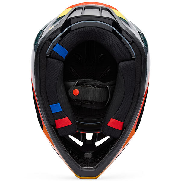 Interior view of Fox Racing SKU 33528-016XL V3 RS Grid Helmet in Black and Orange (SKU: 33528-016), featuring Ionic+® liner and cheek pads, sizes XS, SM, MD, LG, XL, size XS, sizes XS to XL.