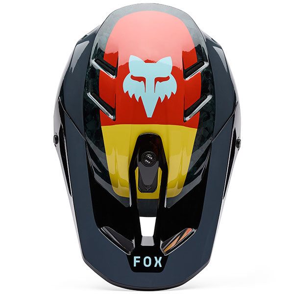 Rear view of Fox Racing SKU 33528-016L V3 RS Grid Helmet in Black and Orange (SKU: 33528-016), showing spoiler and venting layout, sizes XS, SM, MD, LG, XL, size XS, sizes XS to XL.