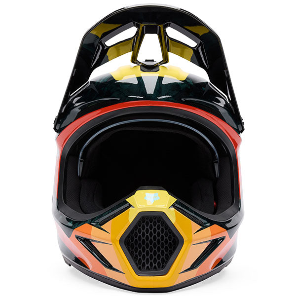Right side profile of Fox Racing SKU 33528-016M V3 RS Grid Helmet in Black and Orange (SKU: 33528-016), highlighting hydration routing system, sizes XS, SM, MD, LG, XL, size XS, sizes XS to XL.
