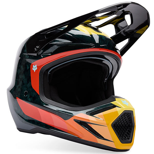 Left side profile of Fox Racing SKU 33528-016S V3 RS Grid Helmet in Black and Orange (SKU: 33528-016), showing aerodynamic shell and induction vents, sizes XS, SM, MD, LG, XL, size XS, sizes XS to XL.