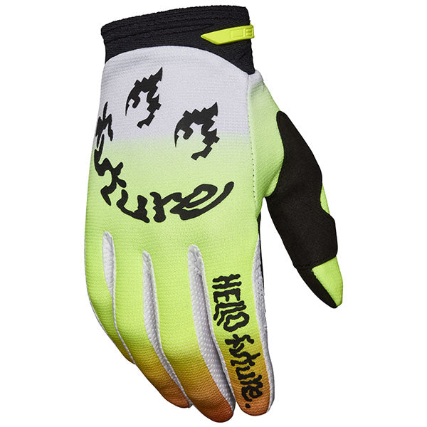 Front view of Fox Racing 180 Hello Future Gloves in White and Yellow (SKU: 33518-214), showing touchscreen-compatible palm and hook-and-loop wrist closure