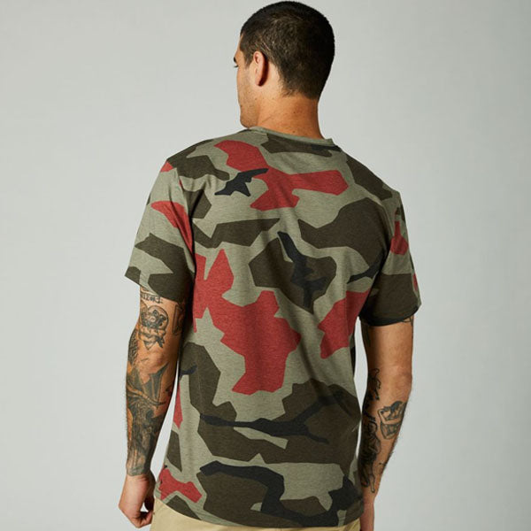 Studio photo on a white background of Fox Racing BNKR Tech Tee; showing tee fit, printed graphics, and crew neckline; SKU 29047-031-S; Sizes: S-2XL