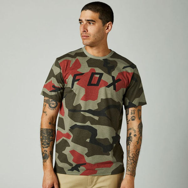 Clean studio shot of Fox Racing BNKR Tech Tee; showing tee fit, printed graphics, and crew neckline; SKU 29047-031-S; Colors: Green Camo, Black Camo