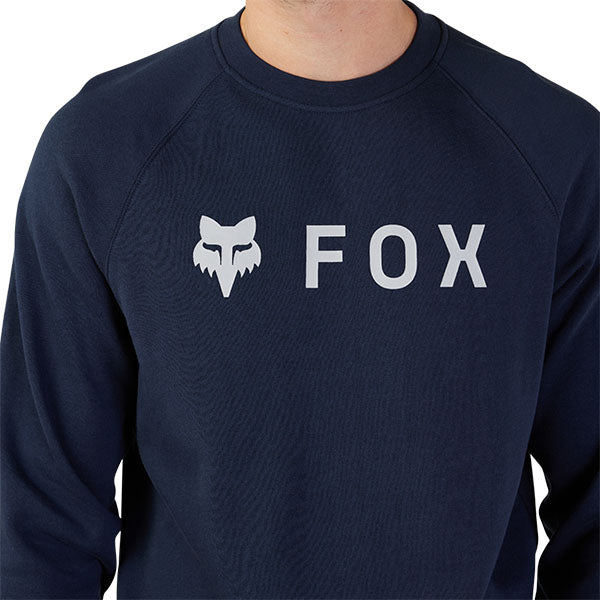 Fox Racing - Absolute Crew Sweatshirt sku 31591-329, studio image of the front of a Midnight Blue sweater with a close up of large Fox Racing logo on the front on a model with a white background