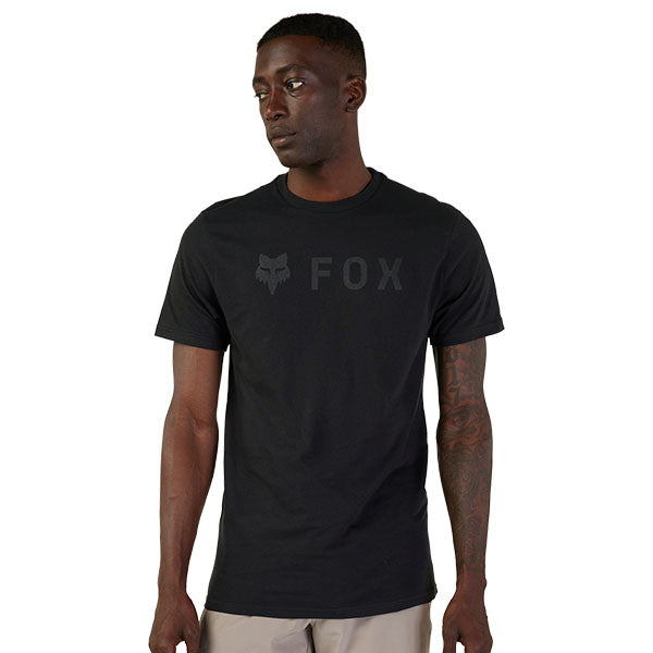 High-resolution studio image of Fox Racing Absolute Premium Tee; showing tee fit, printed graphics, and crew neckline; SKU 31730-001-S