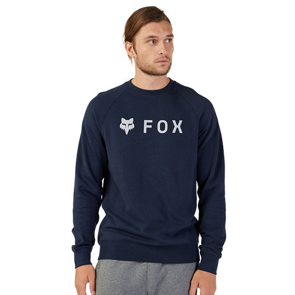 Fox Racing - Absolute Crew Sweatshirt sku 31591-329, studio image of the front of a Midnight Blue sweater with a large Fox Racing logo on the front on a model with a white background
