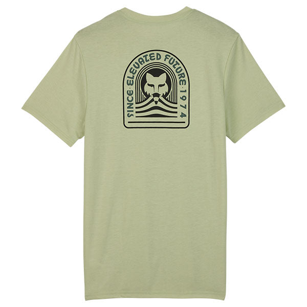 Professional studio photo of Fox Racing Exploration Tech Tee; showing tee fit, printed graphics, and crew neckline; SKU 32088-306-S; Sizes: CACTUS, BLACK
