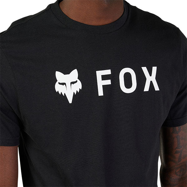 High-resolution studio image of Fox Racing Absolute Premium Tee; showing tee fit, printed graphics, and crew neckline; SKU 31730-001-S