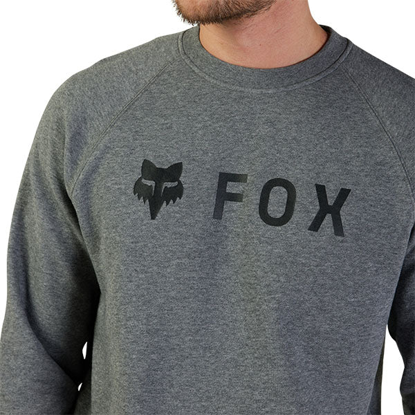 Fox Racing - Absolute Crew Sweatshirt sku 31591-185, studio image of the front of a Heather Graphite Grey sweater with a large close up Fox Racing logo in Black on the front on a model with a white background
