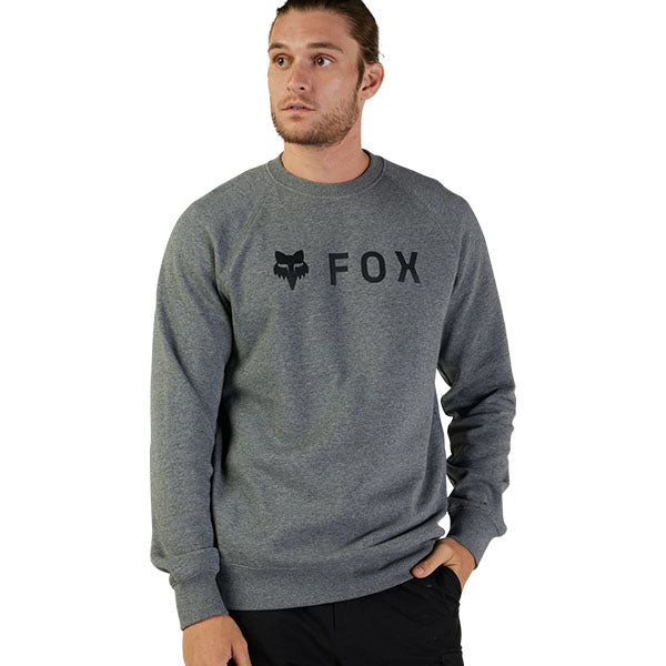Fox Racing - Absolute Crew Sweatshirt sku 31591-185, studio image of the front of a Heather Graphite Grey sweater with a large Fox Racing logo in Black on the front on a model with a white background