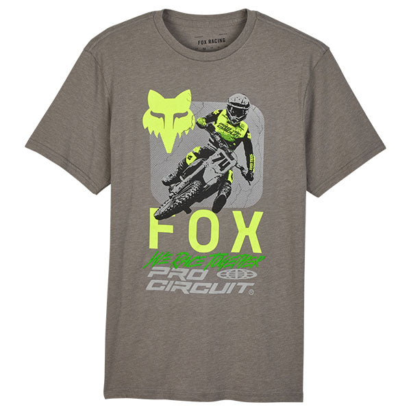 Studio photo on a white background of Fox Racing Fox x Pro Circuit Premium Tee; showing tee fit, printed graphics, and crew neckline; SKU 32001-001-S