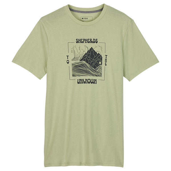 Crisp studio image on a white background of Fox Racing Shepherds Tech Tee; showing tee fit, printed graphics, and crew neckline; SKU 32089-306-S