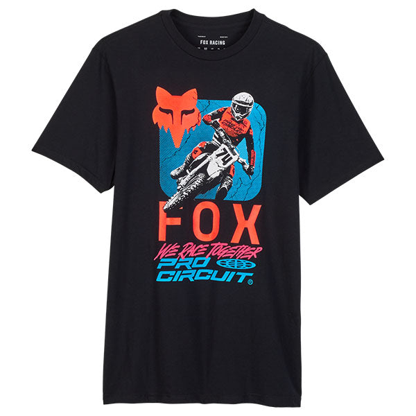 Crisp studio image on a white background of Fox Racing Fox x Pro Circuit Premium Tee; showing tee fit, printed graphics, and crew neckline