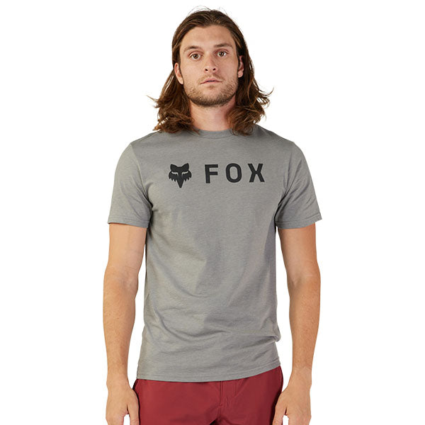 Clean studio shot of Fox Racing Absolute Premium Tee; showing tee fit, printed graphics, and crew neckline; SKU 31730-001-S
