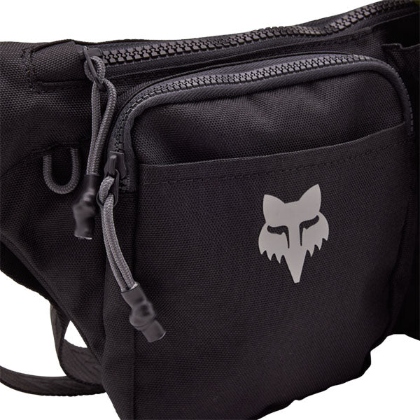 Fox Racing Fox Head Premium Hip Pack SKU 32342 Black close-up of zipper pulls and Fox branding detail