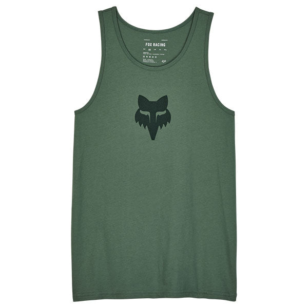 Clean studio shot of Fox Racing Fox Head Premium Tank; showing sleeveless cut, hem shape, and printed or woven branding; SKU 32091-001-S