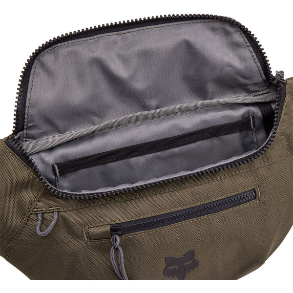 Fox Racing Fox Head Hip Pack SKU 32343 Olive Green close-up of zipper pulls and Fox branding detail