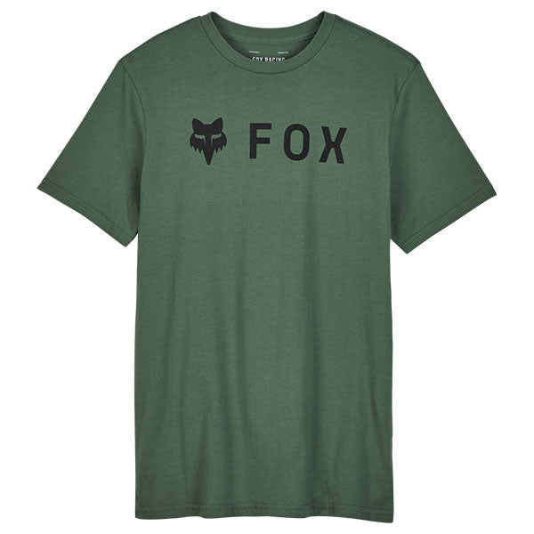 Studio photo on a white background of Fox Racing Absolute Premium Tee; showing tee fit, printed graphics, and crew neckline; SKU 31730-001-S